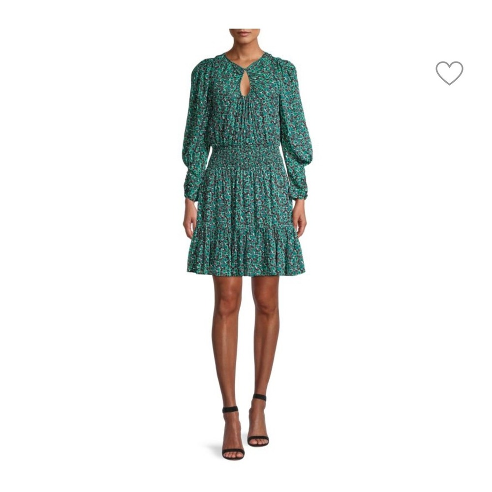 NWT Rebecca Taylor Green & Black Floral Smocked Waist Dress Long Sleeve
